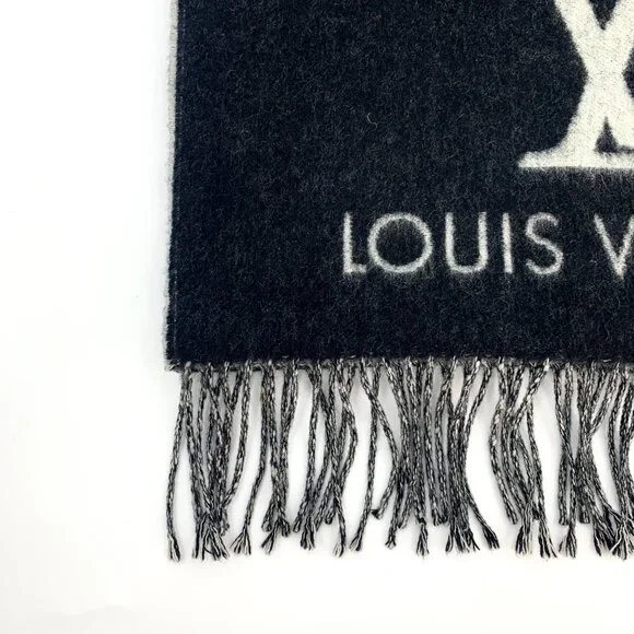Louis Vuitton Black Monogram Logo Full-Print Cashmere Fringe Scarf